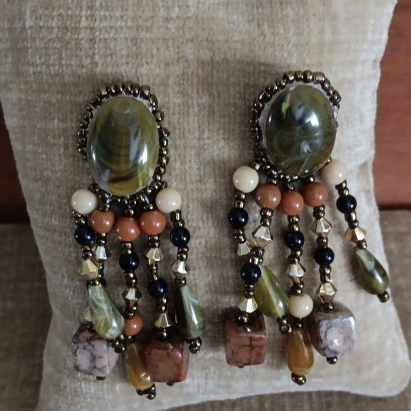 Hand Beaded Stitched Cabochon Dangle Earrings - Picture 1 of 6